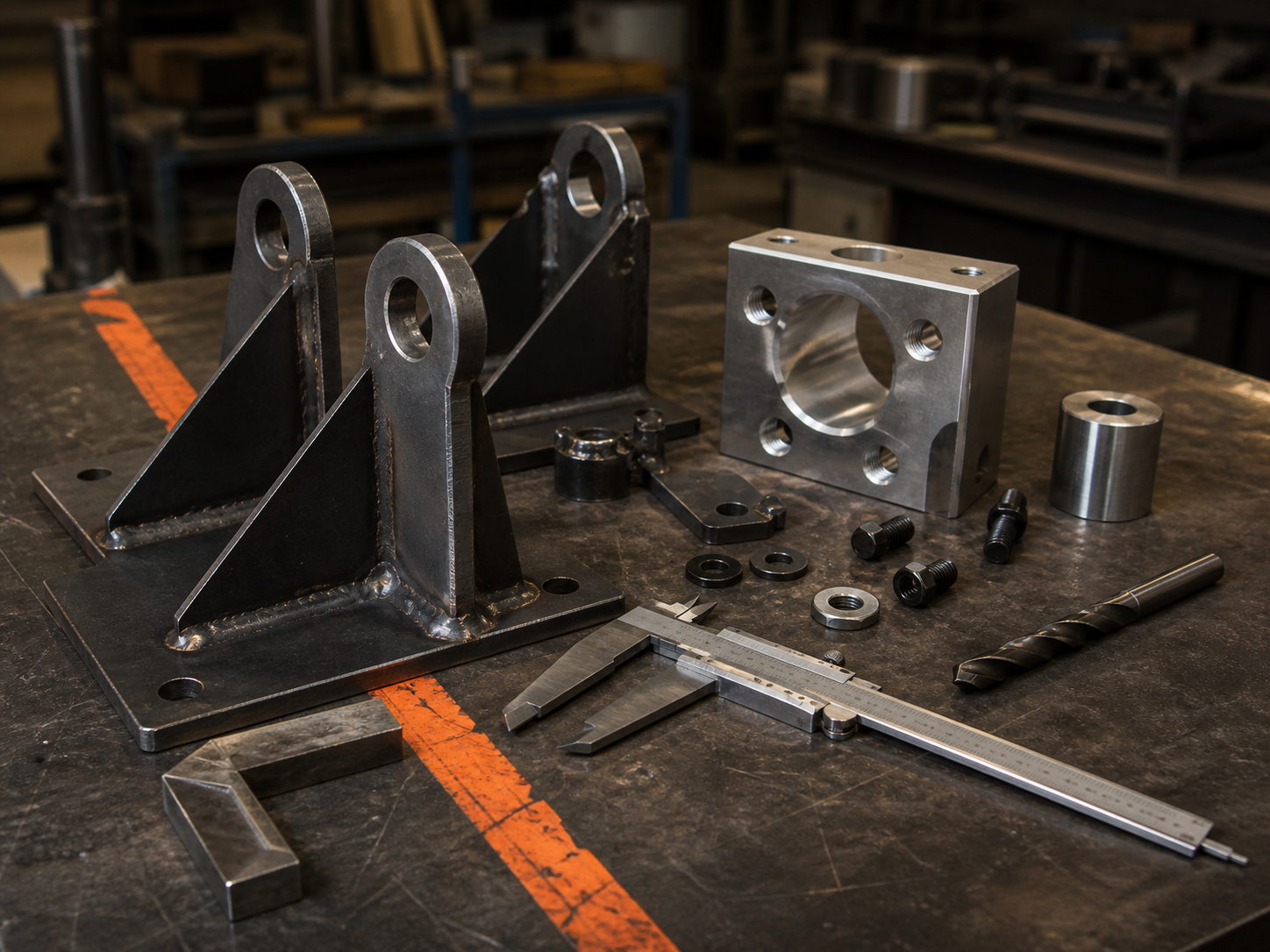 Componentes metálicos, herramienta de medición y piezas para fabricación industrial